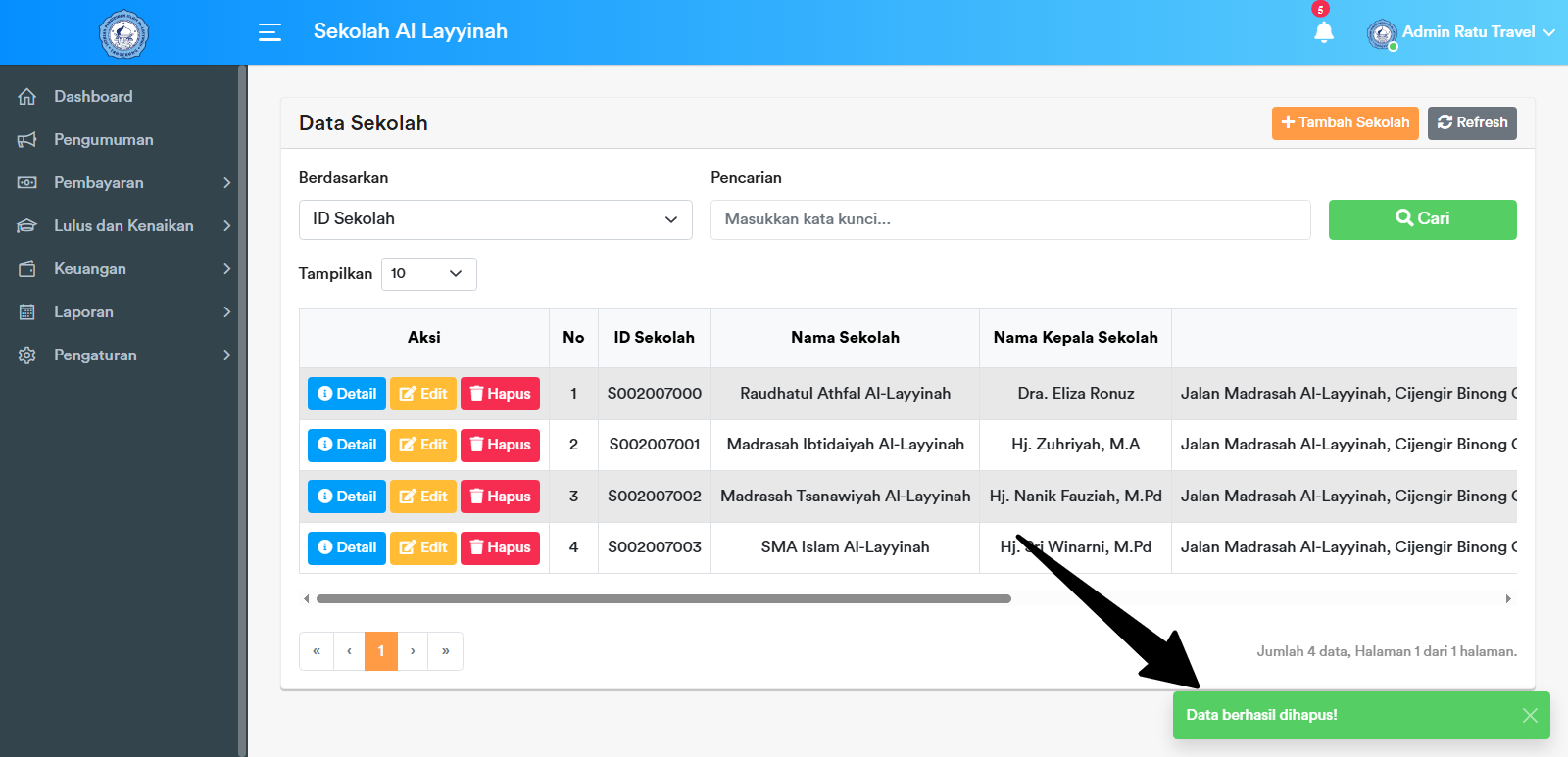 Notifikasi Hapus Sekolah